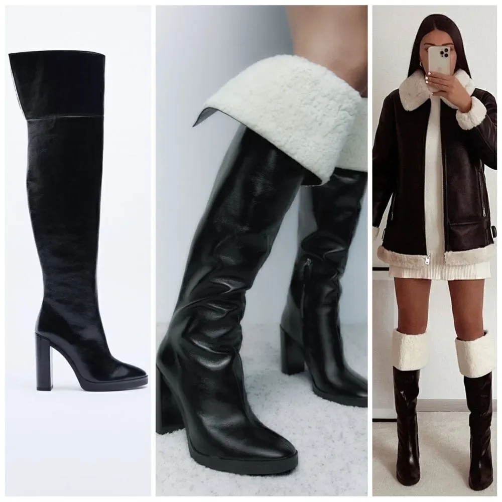 Zara OVER-THE-KNEE LEATHER BOOTS WITH FAUX SHEARLING LINING